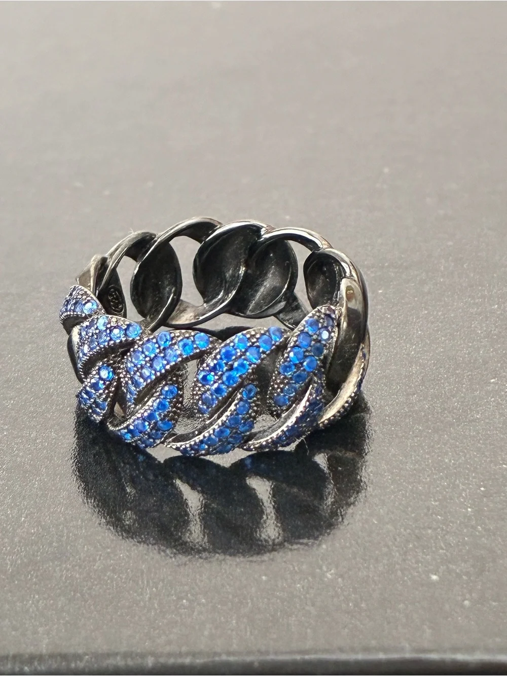 925 Sterling Silver Blue Pavé Chain Ring Sz 7- Statement/ Black Rhodium.